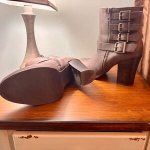 JustFab Chocolate Heeled Boots with Buckle Straps